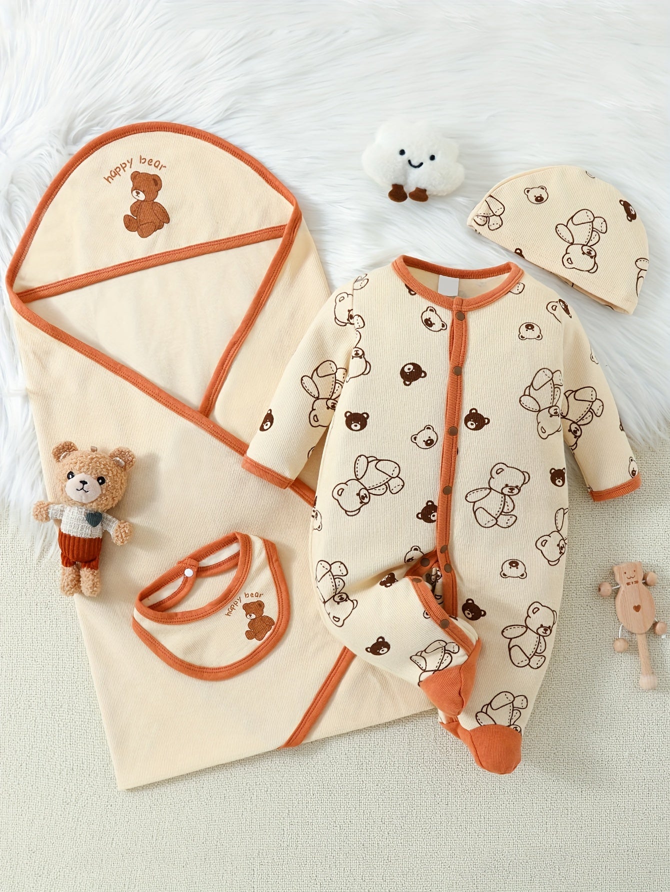 Baby Girl Romper Cute Bear Print Outfits, One-piece Romper + Hat + Baby Bib + Baby Blanket Four-piece Indoor And Outdoor Set Lootquake LLC