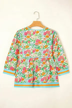 Green Floral Print Striped Trim Puff Sleeve Babydoll Blouse