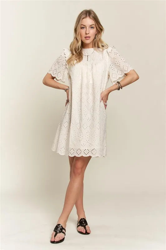 Ruffled Eyelet Round Neck Summer Dress For Women – Elegant Feminine Eyelet Dress with Ruffled Details for Garden Parties & Special Occasions Stevvex