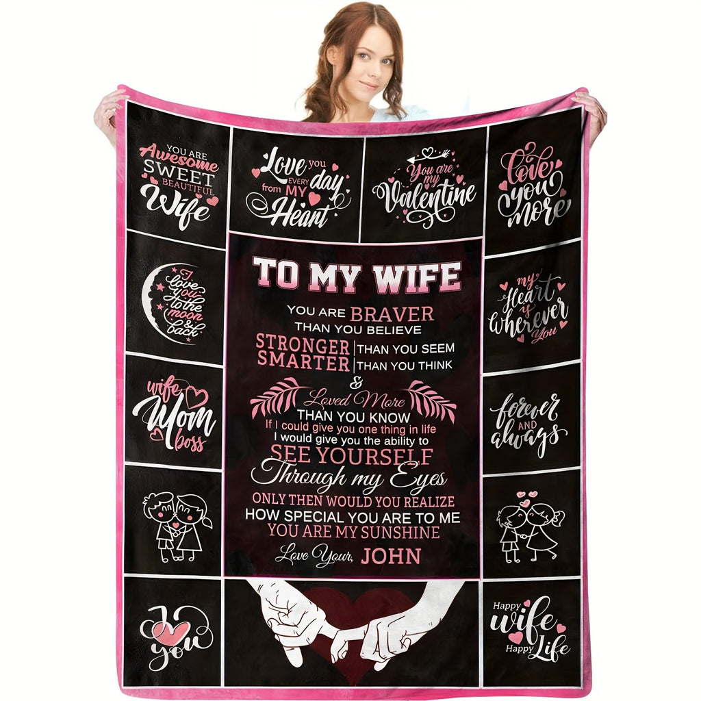 Personalized Romantic Love Message Flannel Throw Blanket for Wife - Soft, Cozy, All-Season Lodge Style with Knitted Polyester, Digital Print Character Theme, Special Feature Love Statements, 200-250g Lootquake LLC