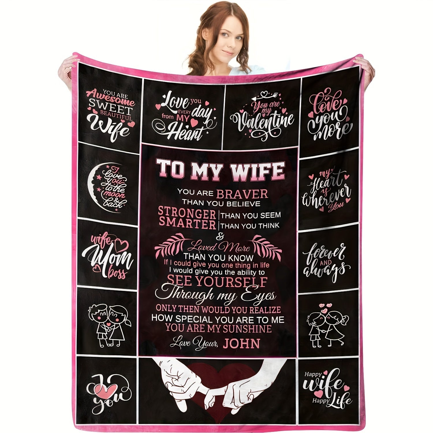 Personalized Romantic Love Message Flannel Throw Blanket for Wife - Soft, Cozy, All-Season Lodge Style with Knitted Polyester, Digital Print Character Theme, Special Feature Love Statements, 200-250g Lootquake LLC