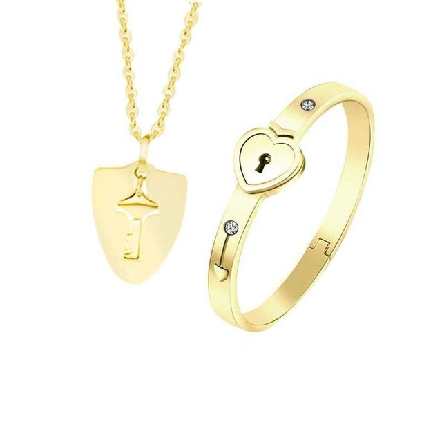 Stainless Steel Love Heart Lock Bangle Bracelet Pi-Mart