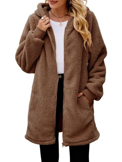 Comfortable Fuzzy Pocketed Zip-Up Long Sleeve Hooded Jacket Cozy & Warm Soft Outerwear For Winter Stevvex