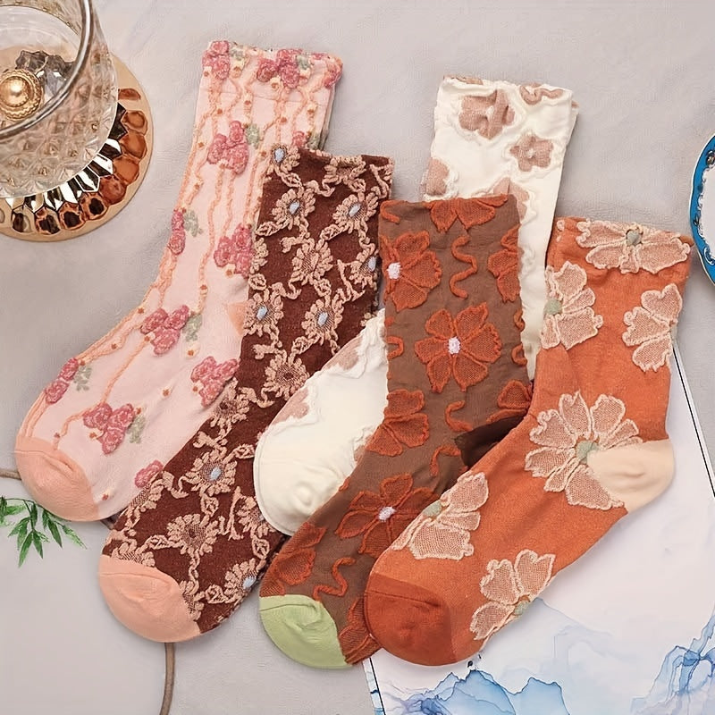 5 Pairs Floral Print Socks, Comfy & Breathable Mid Tube Socks, Women's Stockings & Hosiery Lootquake LLC