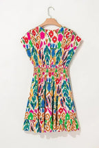 Sky Blue Abstract Print V Neck Dolman Sleeve Ruffle Tiered Mini Dress