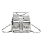 Elegant Design Silver Backpack Purse – Stylish Women's Fashion Chain Versatile Travel Bucket Bag with Metallic Finish