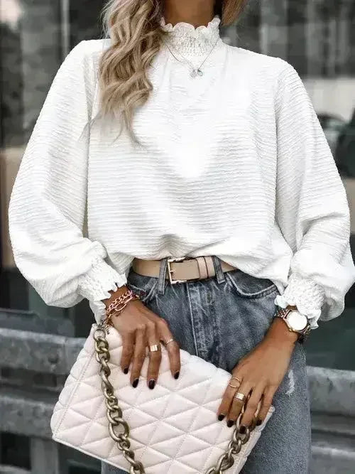 Smocked Frill Mock Neck Long Sleeve Blouse - SJB-DIAMOND ELITES