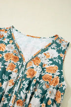 Green Floral Print Trimmed V Neck Sleeveless Vacation Dress