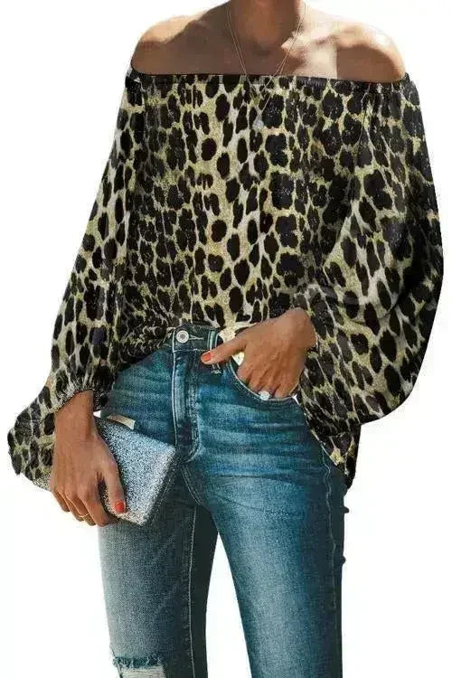 Leopard Print Long Sleeve Elastic Neck Off Shoulder Top | Femstylo - SJB-DIAMOND ELITES