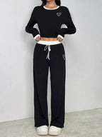 Contrast Trim Crop Top and Wide Leg Pants Set