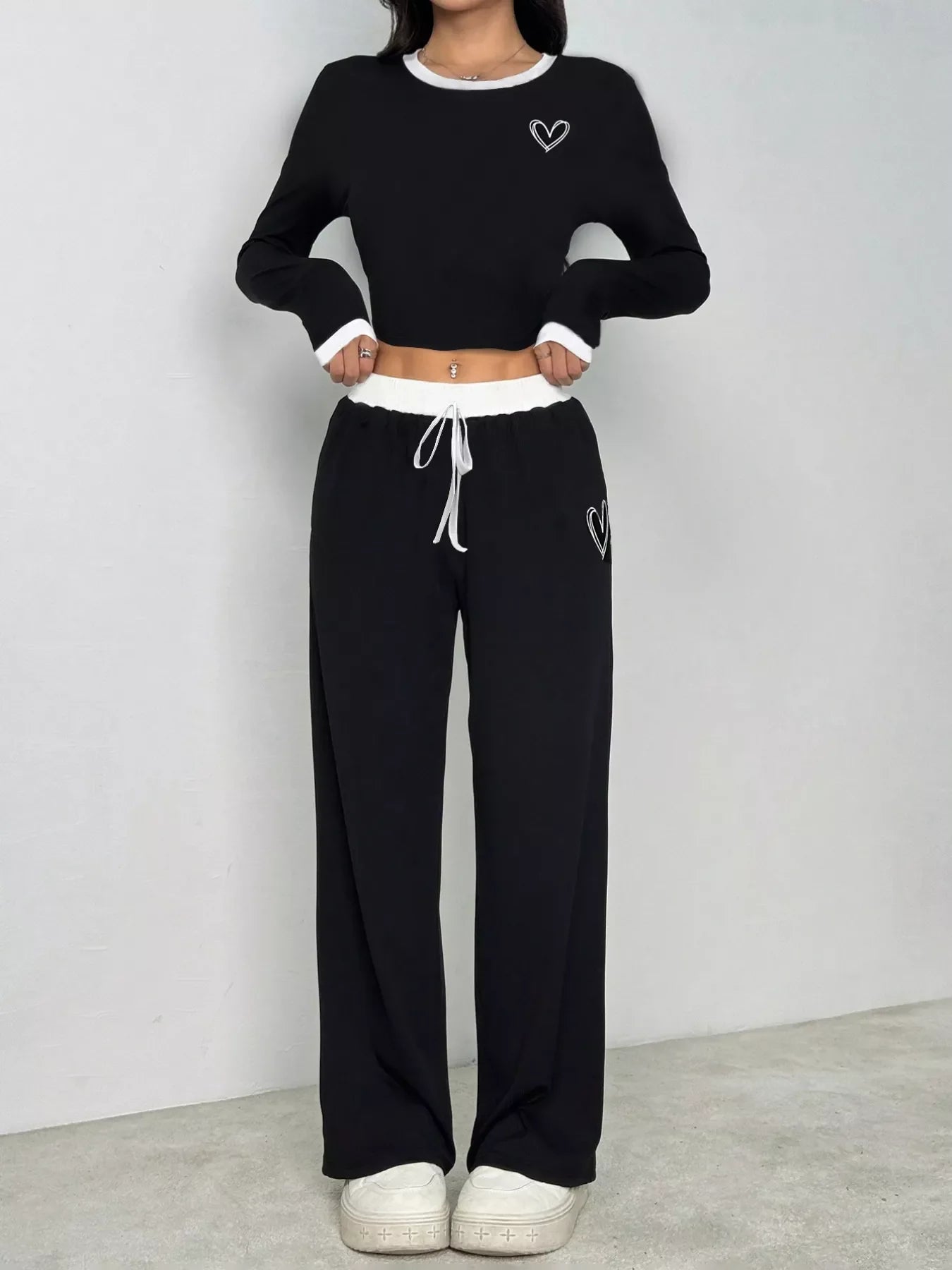 Contrast Trim Crop Top and Wide Leg Pants Set