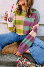 Green Stripe Colorblock Drop Shoulder Ribbed Edge Sweater