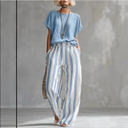 Short-sleeved Trousers Suit Summer Fashion Round Neck Pullover T-Shirt And Striped Print Straight Leg Pants Two-Piece Clothing For Women