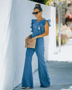Women's Slim Fit round Ne Jumpsuit Casual  Color High Waist Long Pants Commute Sle Polyester Denim Fabric Summer Purplish Diva