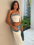 Chic Women Patchwork Denim 2-piece Sets Strapless Sleeveless Tops Baggy Wide Leg  Dragging Pants Outfits Elegant Casual Suits Purplish Diva