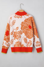 Khaki Ribbed Detail Floral Pattern Zip Collar Pullover Sweater