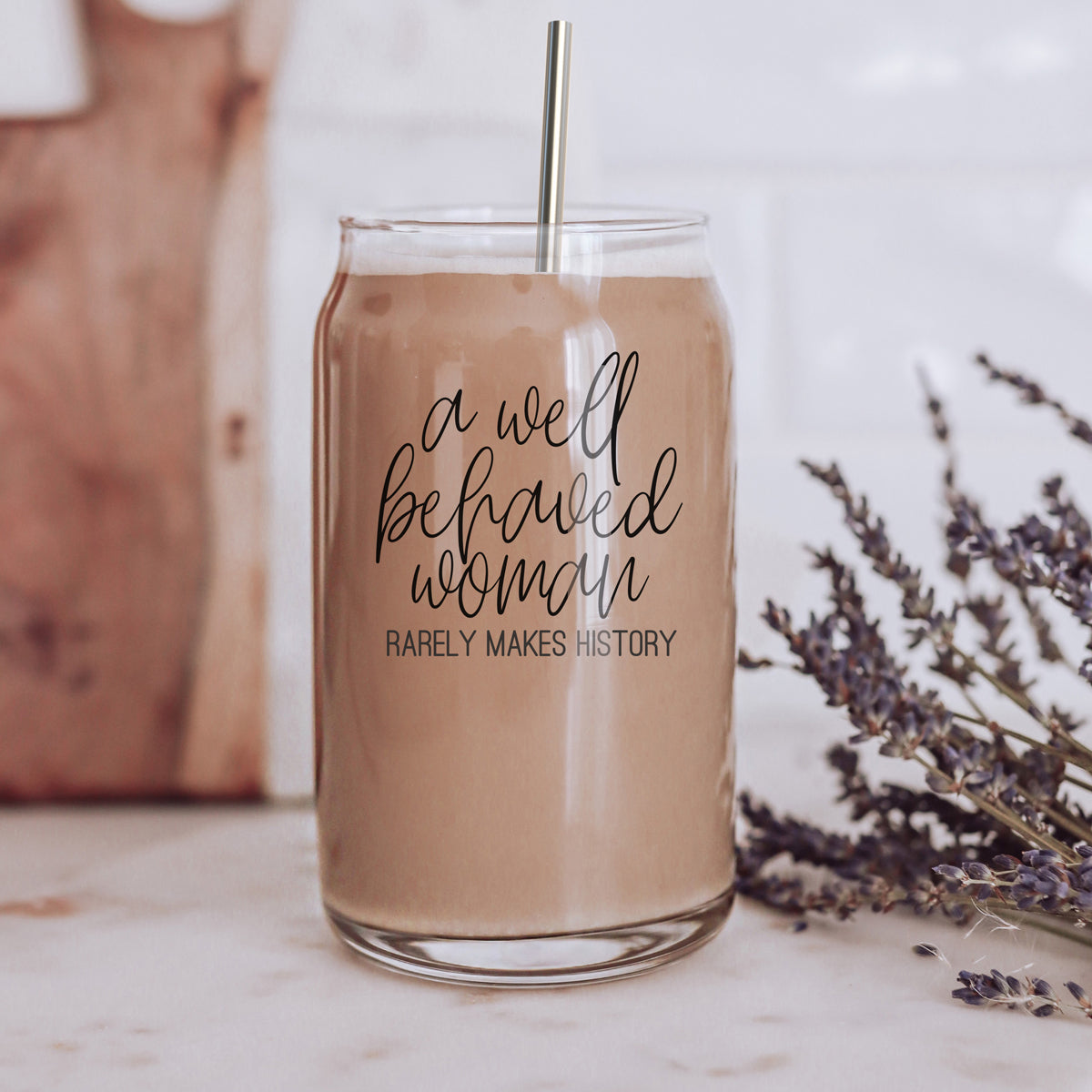 Well Behaved 17oz Glass Tumbler With Bamboo Lid, Stainless Straws and Cleaner BandsCo Straps