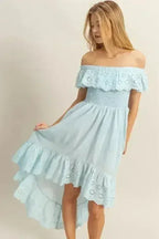 HYFVE Eyelet Off-Shoulder Dress – High-Low Ruffled Hem