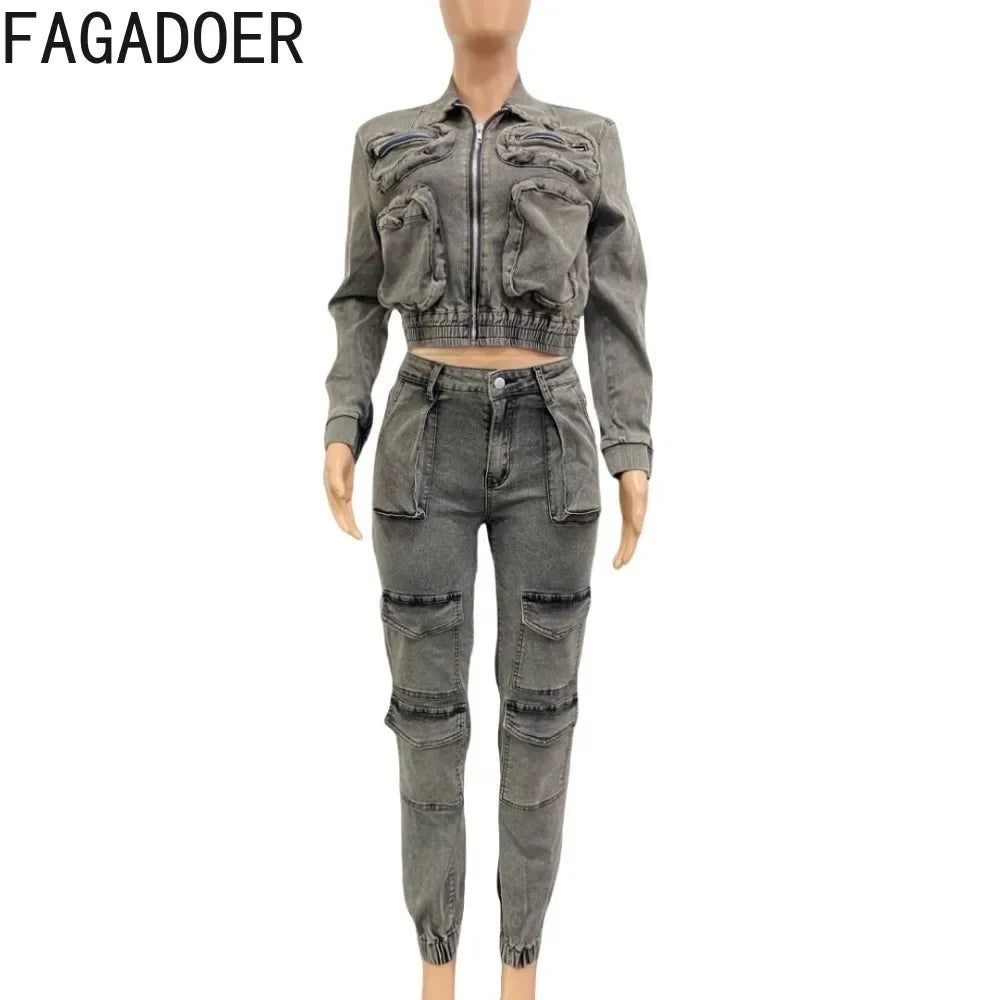 FAGADOER Fashion Denim Two Piece Set for Women Y2k Streetwear Lapel Zip Crop Jacket And Cargo Pockets Stretchy Jeans Outfits Purplish Diva