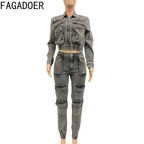 FAGADOER Fashion Denim Two Piece Set for Women Y2k Streetwear Lapel Zip Crop Jacket And Cargo Pockets Stretchy Jeans Outfits Purplish Diva