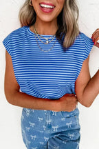 Black Stripe Ribbed Cap Sleeve Round Neck T Shirt