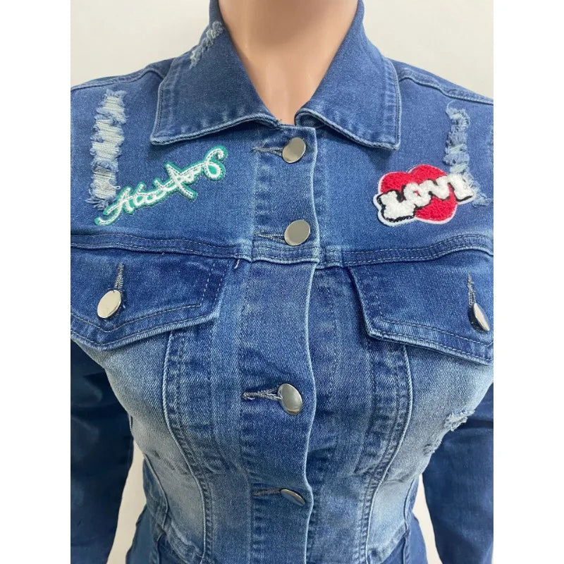 Embroidery Women Denim 2 Piece Set Button Up Jackets High Waist Jeans Skirts Matching Set 2024 Summer Streetwear Club Outfits Purplish Diva