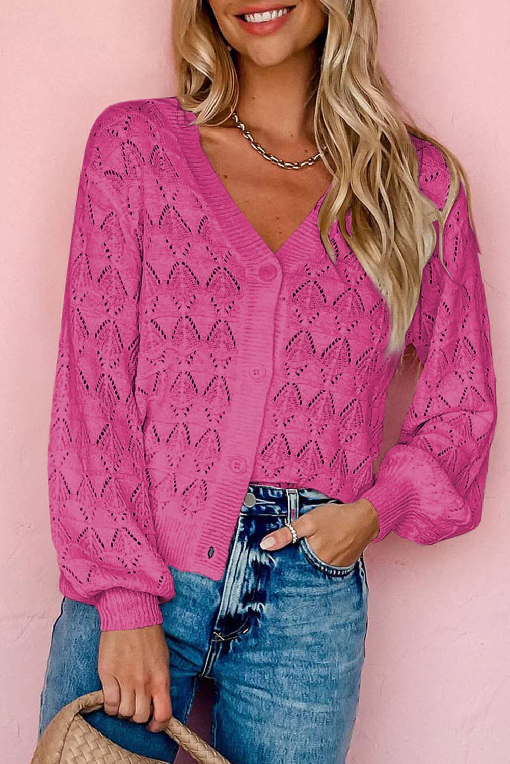 Green Lightweight Buttoned Front Crochet Cardigan