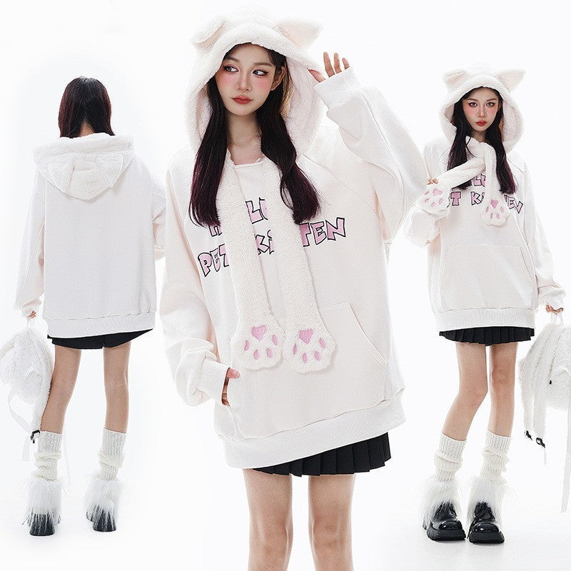 Fleece-lined Hooded Loose Pullover Sweatershirt Pi-Mart