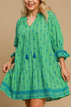 Full Size Tassel Embroidered Sleeve Mini Dress Plus Size Feminine & Stylish Green Dress