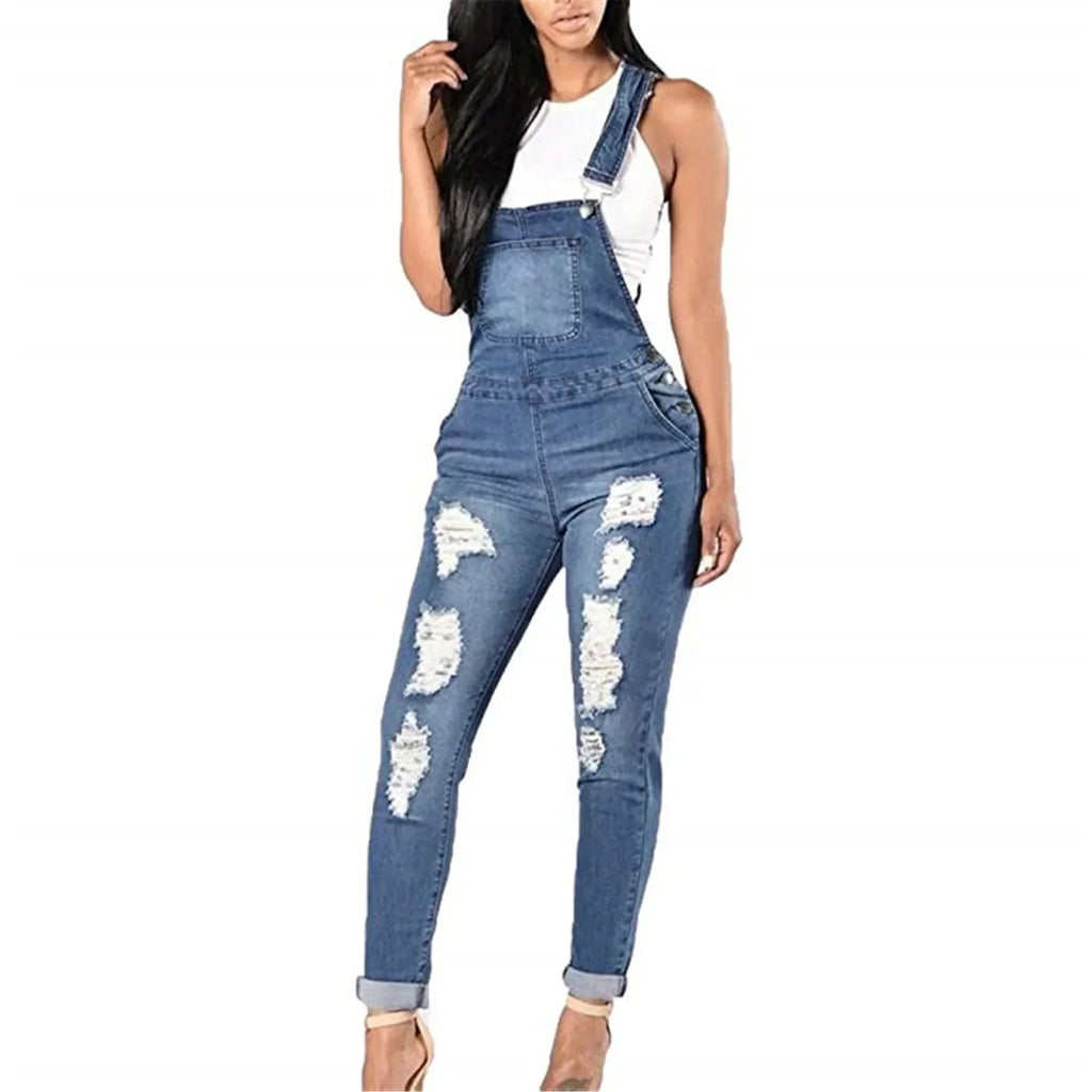 Women Demin Overalls Jumpsuits Jeans Distressed Pencil Pants Denim Holes Pockets Jenas High Street Mid Waist One Piece Slim Fit Purplish Diva