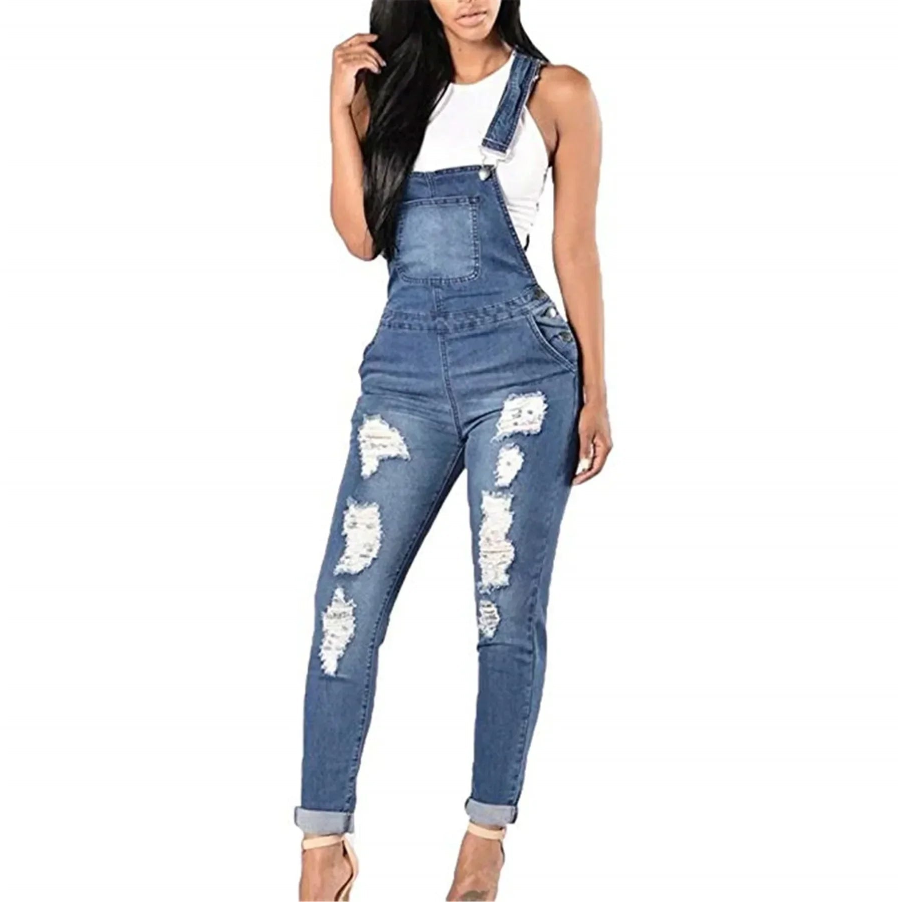 Women Demin Overalls Jumpsuits Jeans Distressed Pencil Pants Denim Holes Pockets Jenas High Street Mid Waist One Piece Slim Fit Purplish Diva