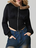 Black Fuzzy Hem Hooded Zip-Up Jacket With Long Sleeves and Casual Style Jacket Stevvex