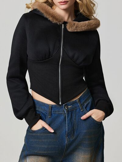 Black Fuzzy Hem Hooded Zip-Up Jacket With Long Sleeves and Casual Style Jacket Stevvex
