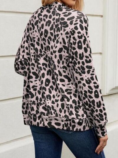 Modern Full Size Leopard Black White Collared Neck Zip Up Jacket  Stylish & Comfortable Everyday Wear