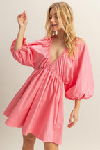 Plunge Balloon Sleeve Poplin Mini Dress with Pockets –Bold, Chic, Sexy and Trendy Plunge Neckline Dress with Balloon Sleeves and Functional Pockets