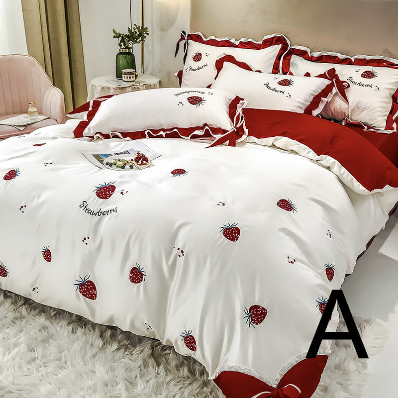 Strawberry Embroidery Cotton Four-Piece Cotton Bedding Silk Duvet Cover Pi-Mart