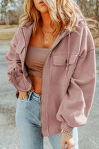 Pink Flap Pocket Drawstring Hood Zip Up Jacket Lootquake LLC