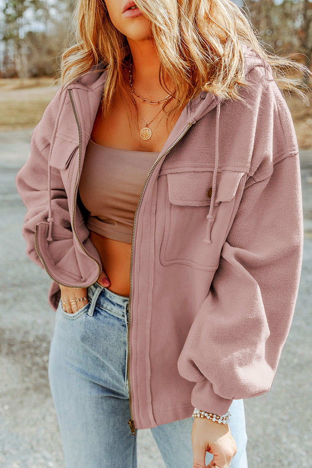 Pink Flap Pocket Drawstring Hood Zip Up Jacket Lootquake LLC