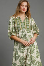 Matcha Green Full Size Print Midi Dress Plus Size Boho Chic Dress Lightweight Women Dress