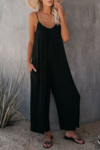 Flowers Print Suspender Jumpsuit With Pockets Spring Summer Fashion Round-neck Overalls For Womens Clothing Pi-Mart