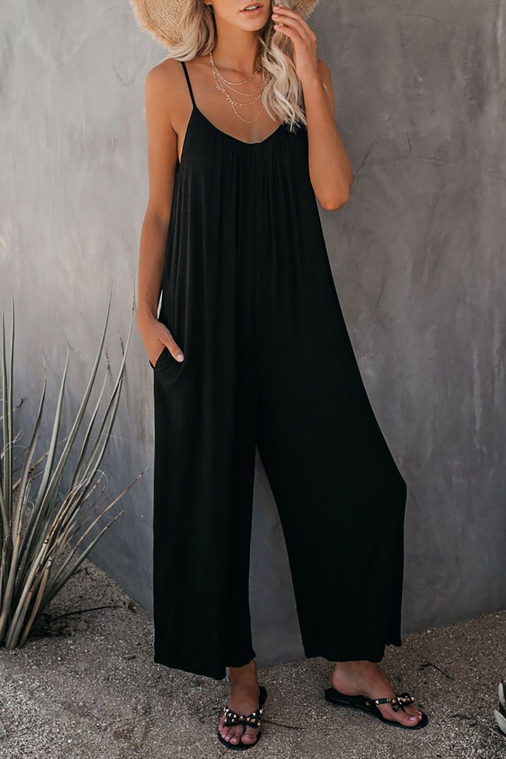 Flowers Print Suspender Jumpsuit With Pockets Spring Summer Fashion Round-neck Overalls For Womens Clothing Pi-Mart