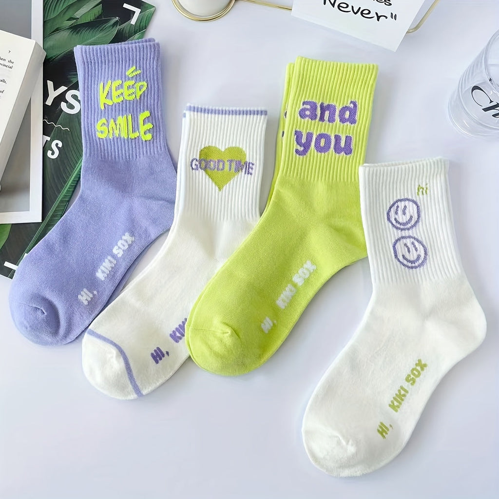 4 Pairs Fashionable Letter Graphic Socks - Womens Athletic Mid-Calf Stockings - Soft, Breathable & Trendy Designs for Everyday Wear Lootquake LLC