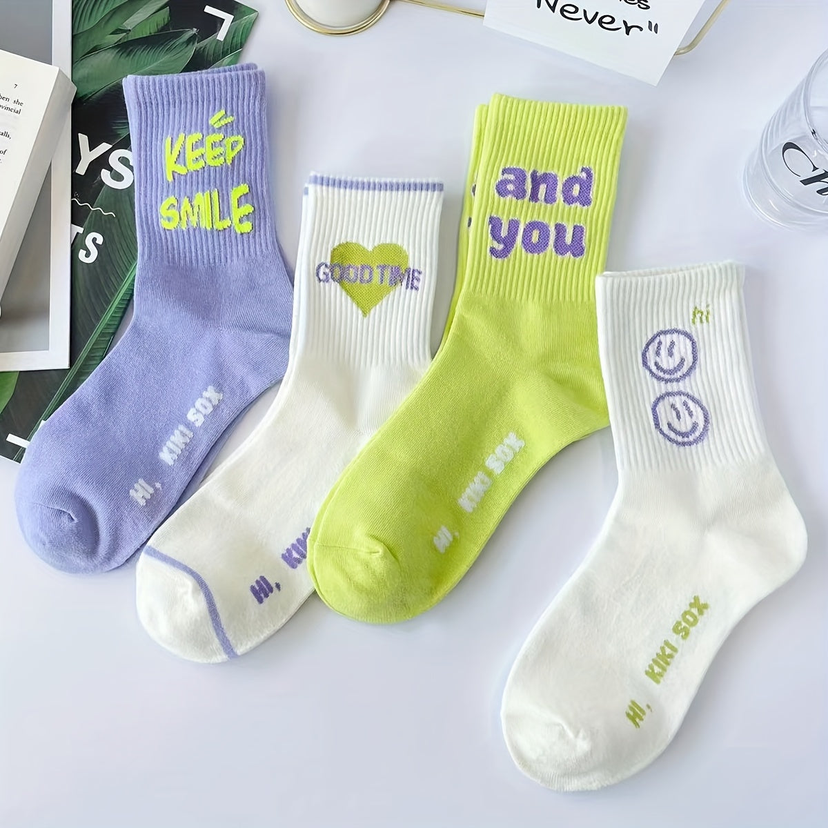 4 Pairs Fashionable Letter Graphic Socks - Womens Athletic Mid-Calf Stockings - Soft, Breathable & Trendy Designs for Everyday Wear Lootquake LLC