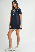 Ruffle Trimmed Collar Fine Knit Mini Dress For Women – Ruffle Mini Dress, Fine Knit Dress, Collar Dress, Feminine Mini Dress, Chic Knit Dress