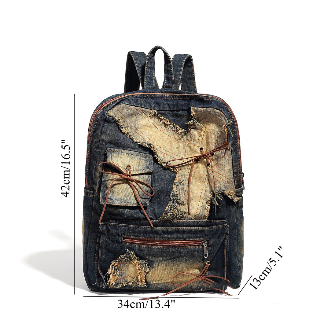 Washed denim retro backpack, design bow backpack pusre, Spice girl large capacity purse backpack - SJB-DIAMOND ELITES