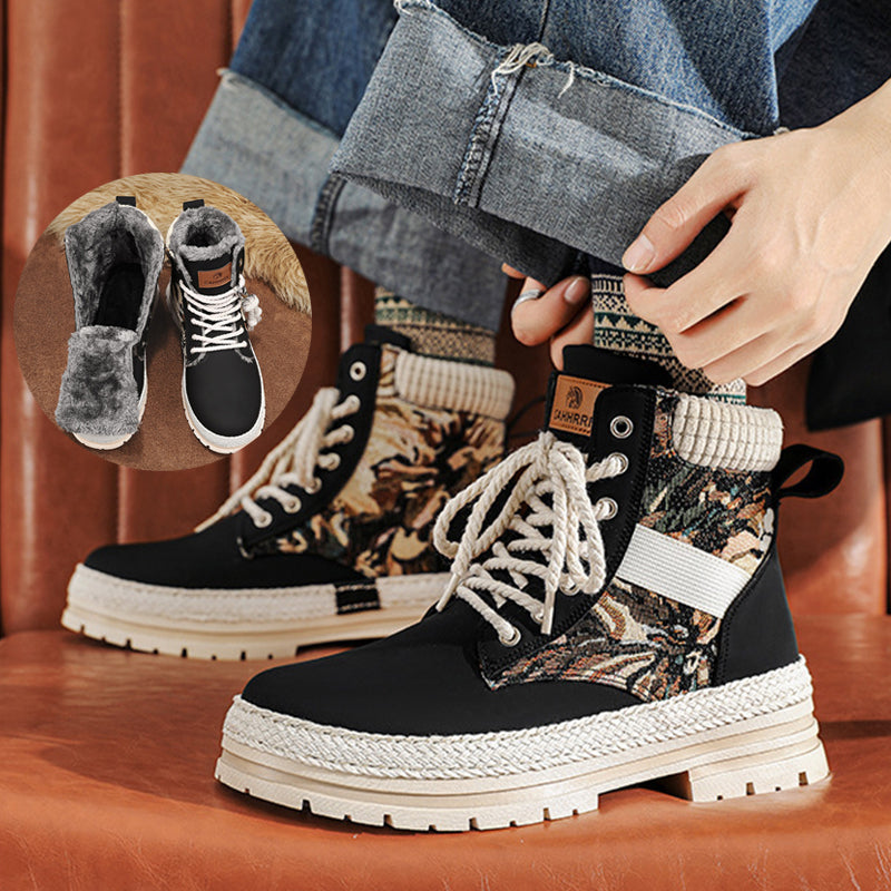 Men's Print Boots Autumn And Winter High-top British Style Comfy Breathable Casual Flat Shoes Outdoor Walking Running Boots Pi-Mart