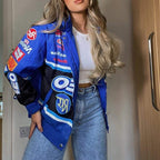 Sporty Blue Printed Casual Loose Long Sleeve Windbreaker Jacket Pi-Mart
