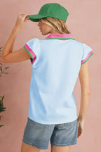 Beau Blue Color Collared V Neck Ruffle Sleeve Blouse | Femstylo