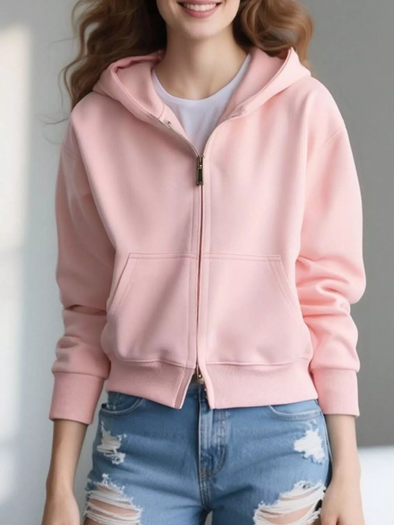 Full Size Casual Zip-Up Long Sleeve Hoodie Plus Size THRIXINE