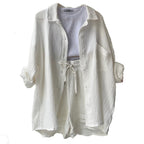 Spring Champray Lapel Long Sleeve Shirt High Waist Drawstring Shorts Plus Size Fashion Casual Set Pi-Mart